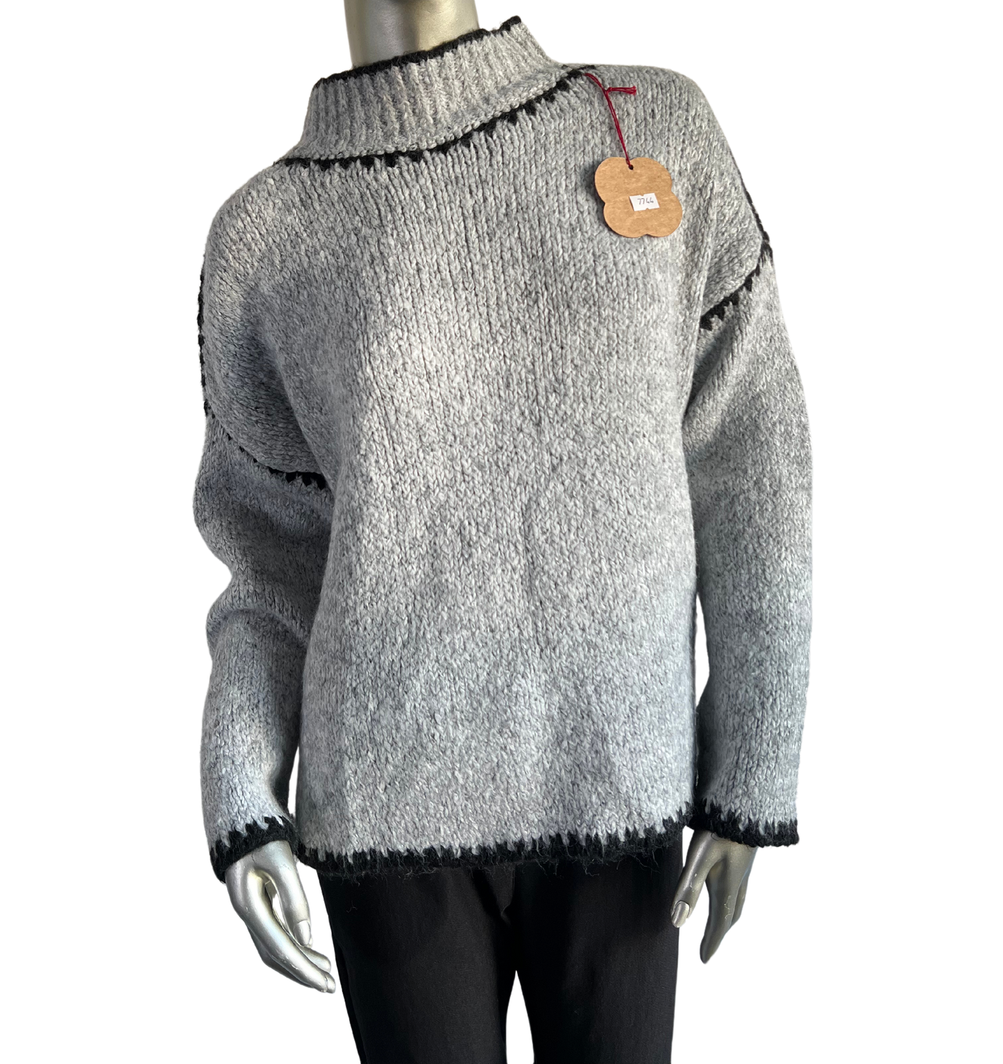 Soft Knitted Italian High Neck Jumper with Blanket Stitch Edging in Grey