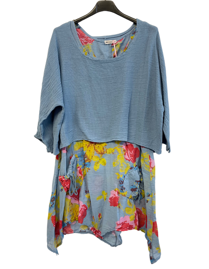 2 Piece Floral Dress Asymmetric Hem with Plain Top in Light Blue