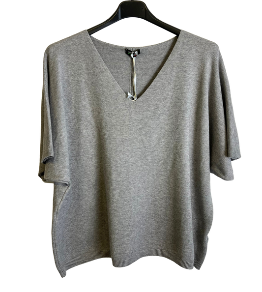 Soft Basic Casual V-Neck Jumper with Short Sleeves in Grey