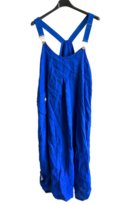 Lightweight Summer Linen Dungaree Dress in Royal Blue