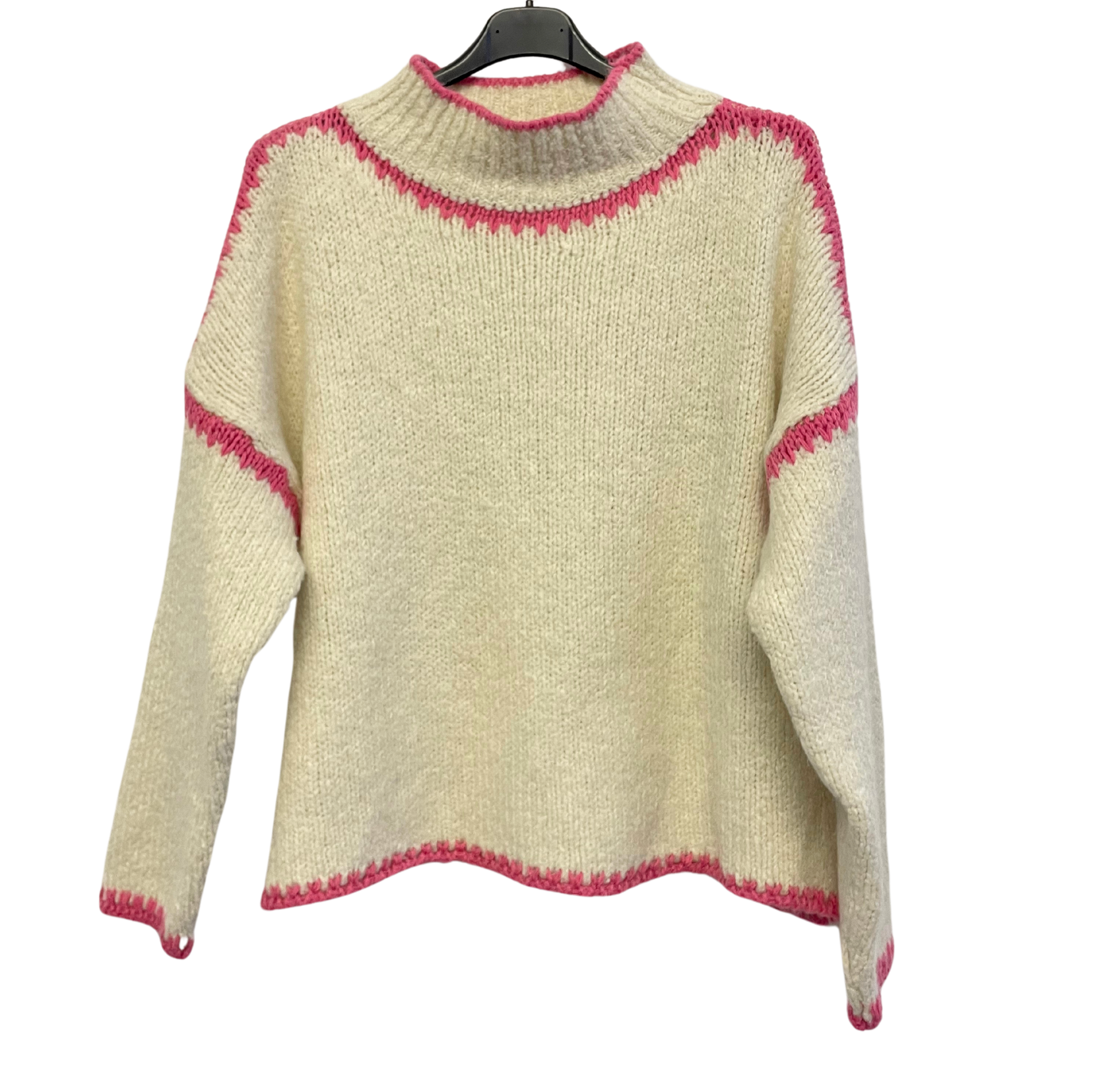 Soft Knitted Italian High Neck Jumper with Blanket Stitch Edging in Cream with Bright Fuchsia