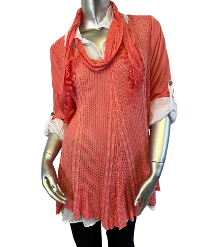 3 Piece Cotton Shirt with Knitted Overtop Tunic and Scarf in Coral