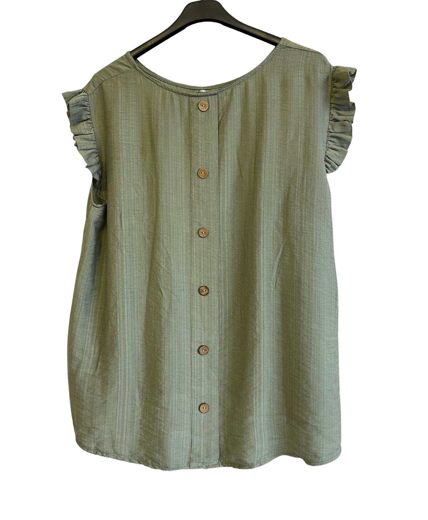 Button Back Summer Frill Cap Sleeve Plain Vest Top in Khaki