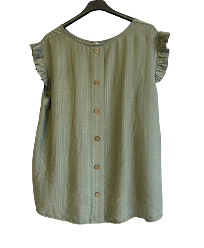 Button Back Summer Frill Cap Sleeve Plain Vest Top in Khaki