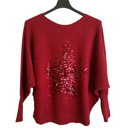 Sequin Star Batwing Sleeve Fine Knit Jumper in Wine