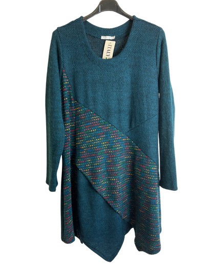 Lagenlook Italian Knitted Long Sleeve Knee Length Tunic Dress in Teal