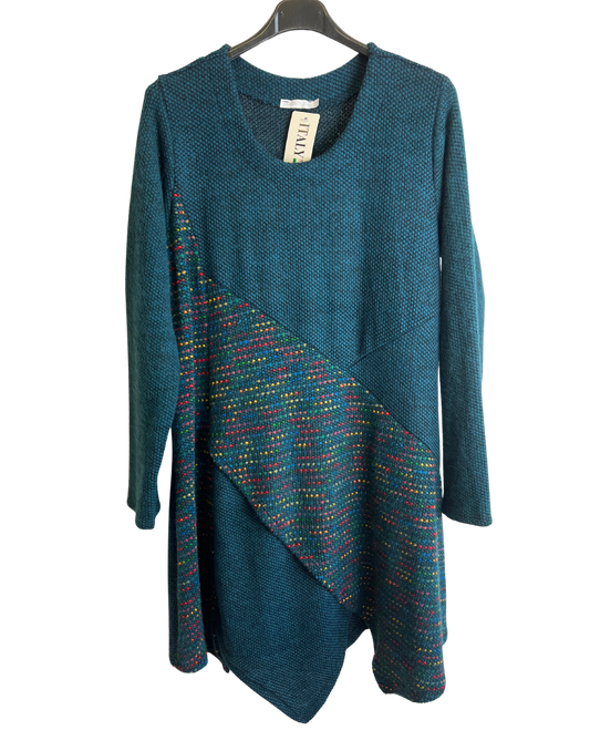 Lagenlook Italian Knitted Long Sleeve Knee Length Tunic Dress in Teal