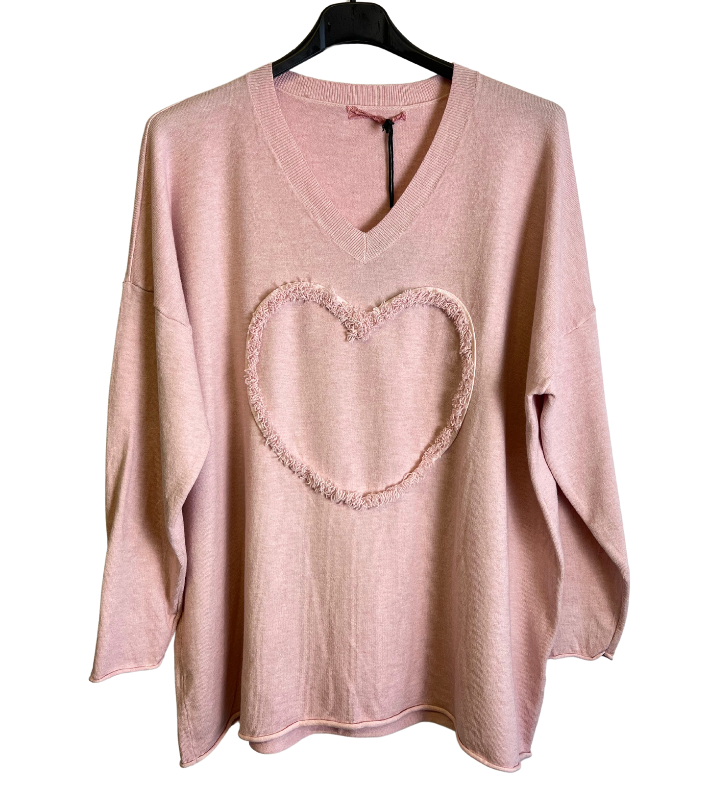 Soft Knit Embossed Heart Design V-Neck Jumper in Pink