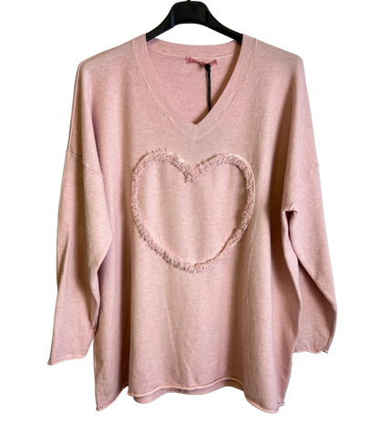 Soft Knit Embossed Heart Design V-Neck Jumper in Pink