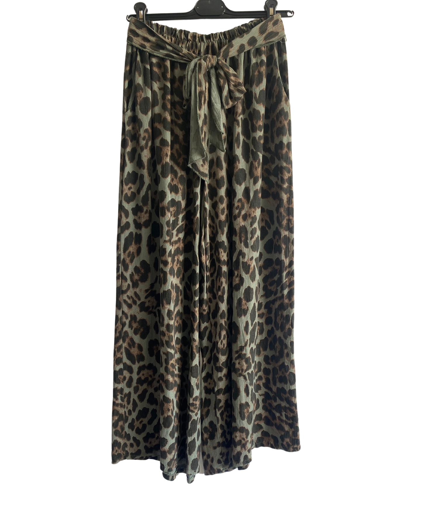 Animal Print Wide Leg Palazzo Elasticated Waistband Trousers in Khaki