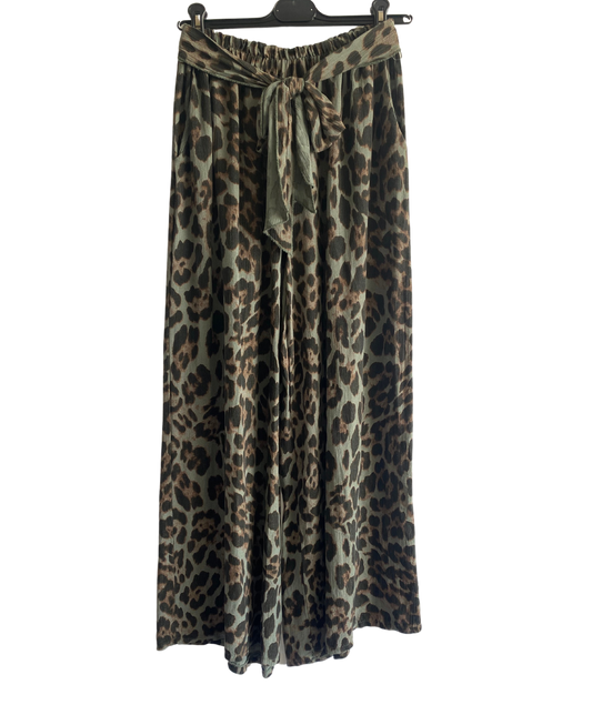 Animal Print Wide Leg Palazzo Elasticated Waistband Trousers in Khaki