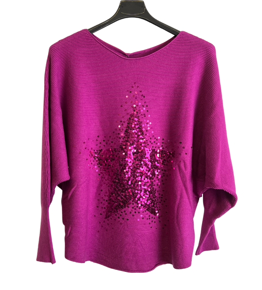 Sequin Star Batwing Sleeve Fine Knit Jumper in Magenta