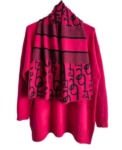 Knitted Long Sleeved Matching Jumper and Scarf Set in Fuchsia