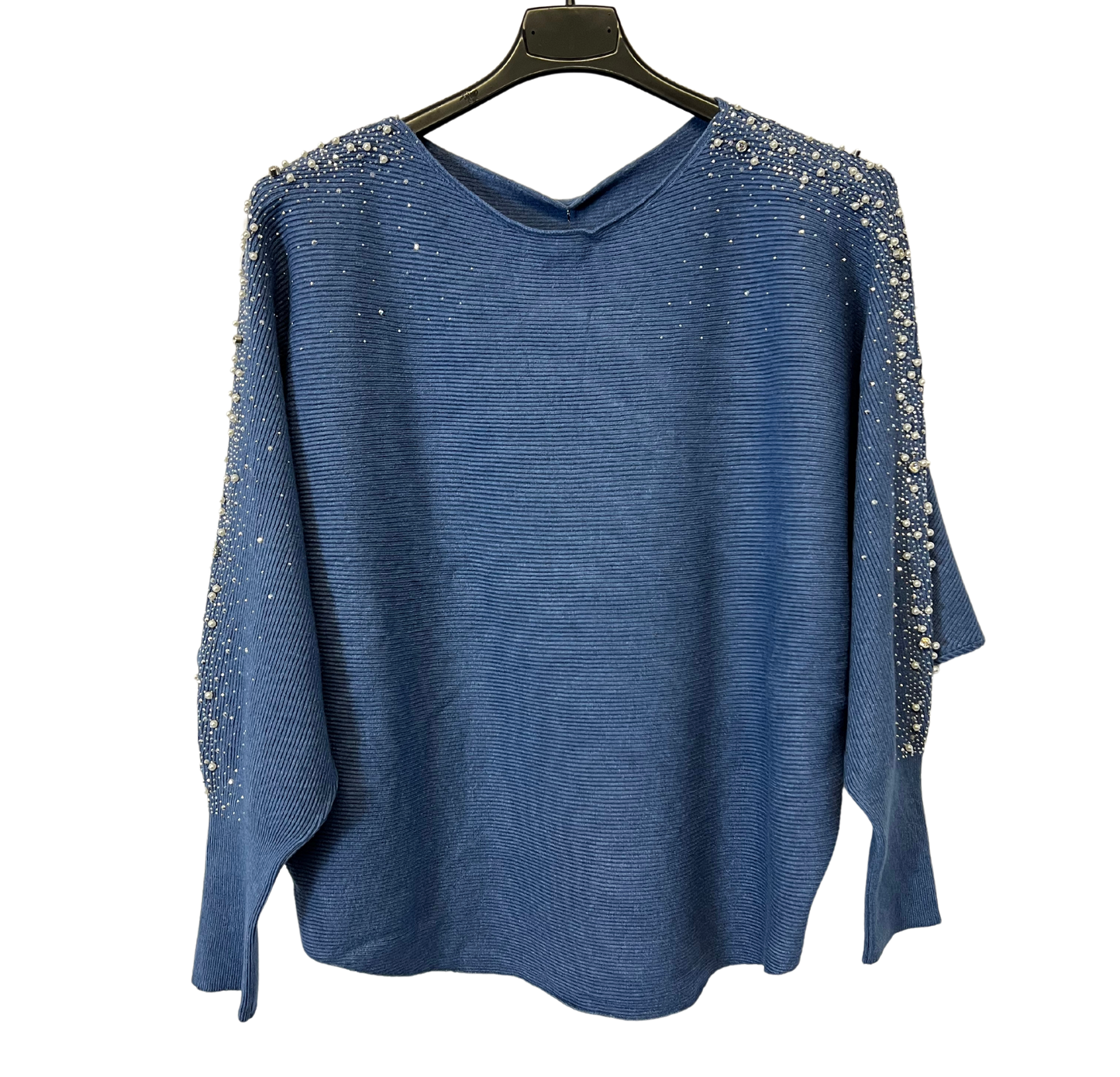 Pearl Diamante Sparkly Batwing Sleeve Jumper in Denim