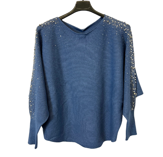 Pearl Diamante Sparkly Batwing Sleeve Jumper in Denim