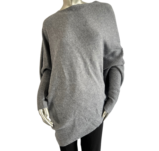 Asymmetric Draped Slouch Neck Soft Jumper with Long Fitted Sleeves in Grey