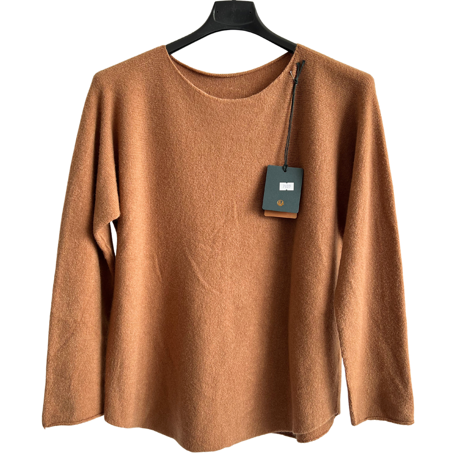 Soft Round Neck Jumper with Curved Hem In Camel