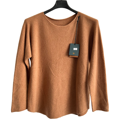 Soft Round Neck Jumper with Curved Hem In Camel