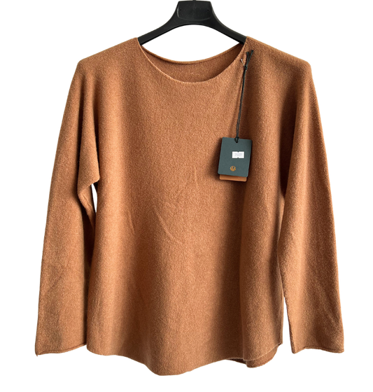 Soft Round Neck Jumper with Curved Hem In Camel