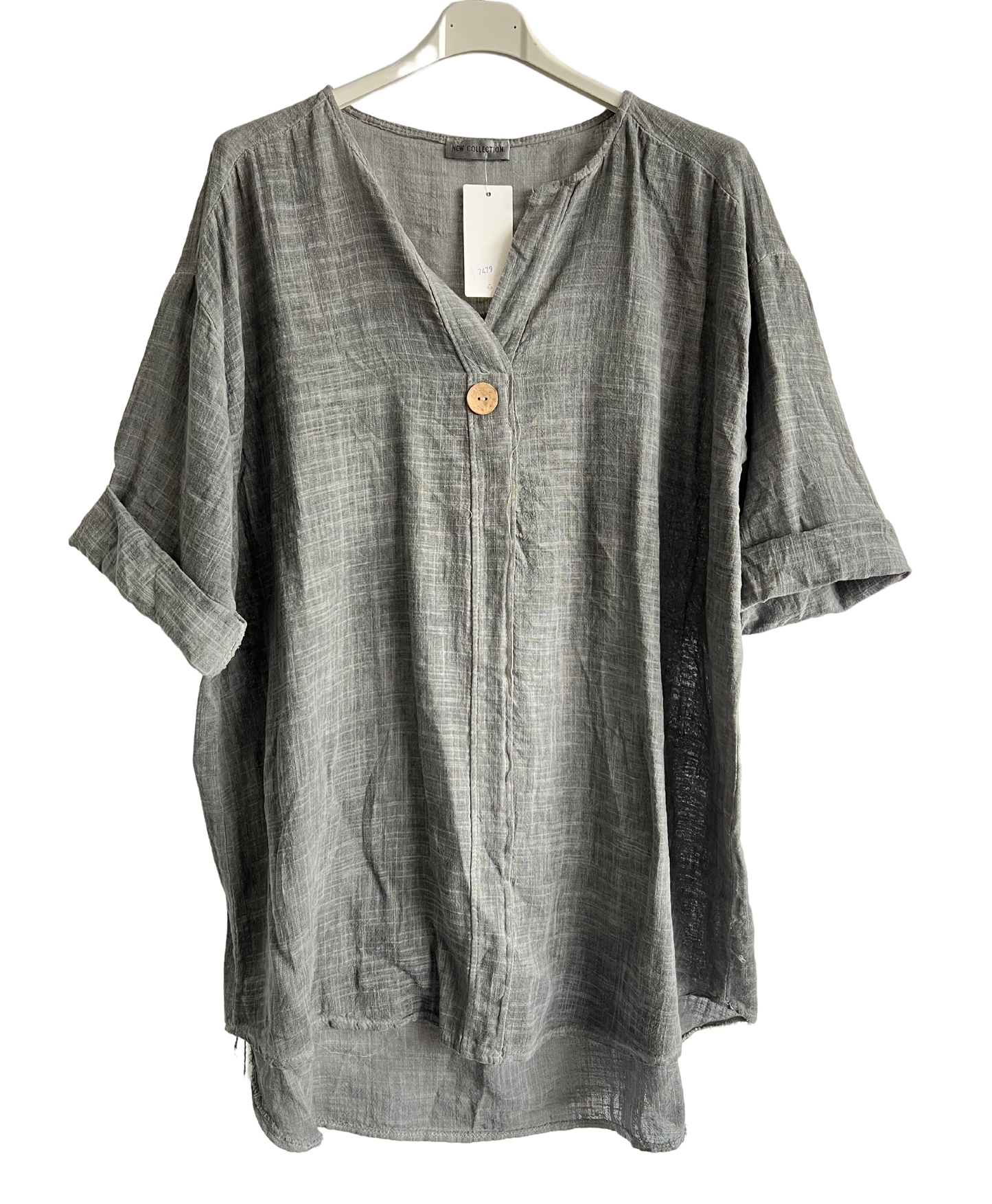 Oversized Cotton & Linen Blend Button Top In Grey