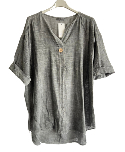 Oversized Cotton & Linen Blend Button Top In Grey