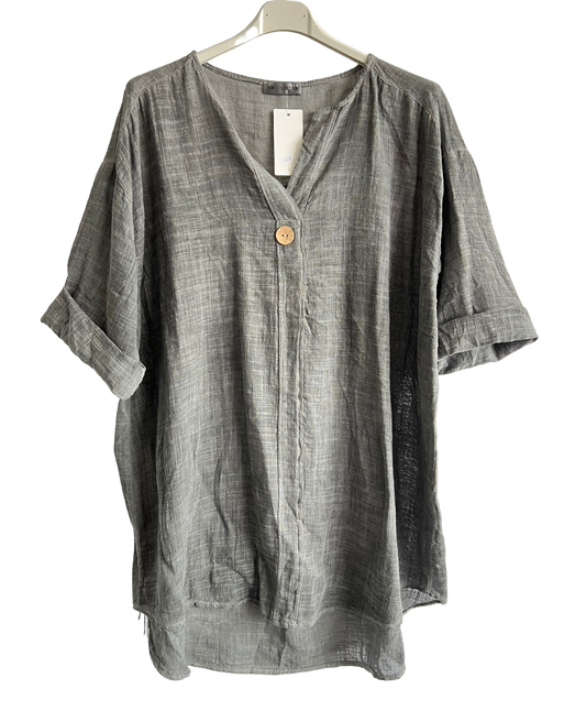 Oversized Cotton & Linen Blend Button Top In Grey