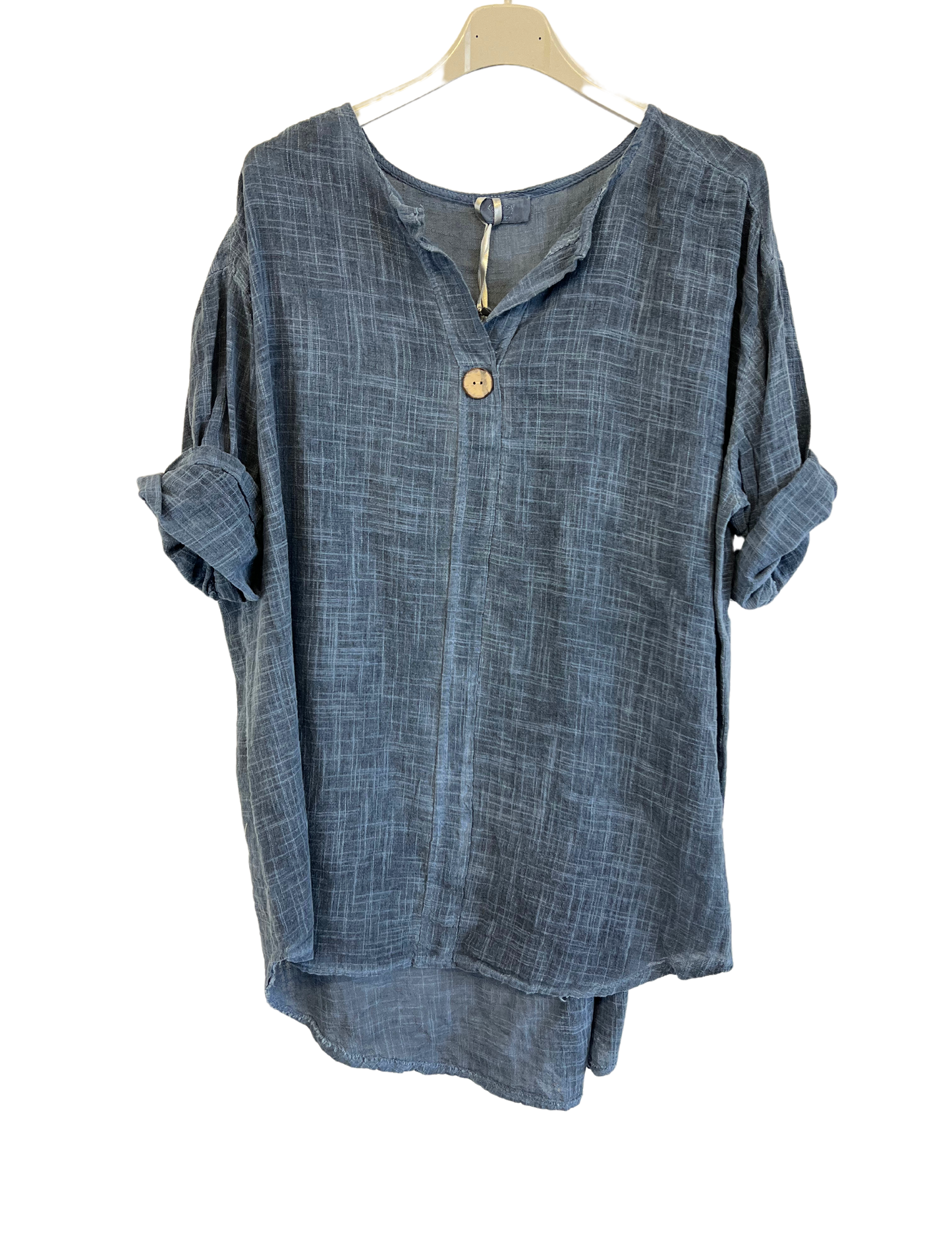 Oversized Cotton & Linen Blend One Button Top in Dark Denim