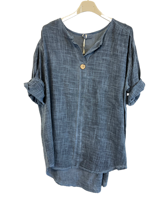 Oversized Cotton & Linen Blend One Button Top in Dark Denim