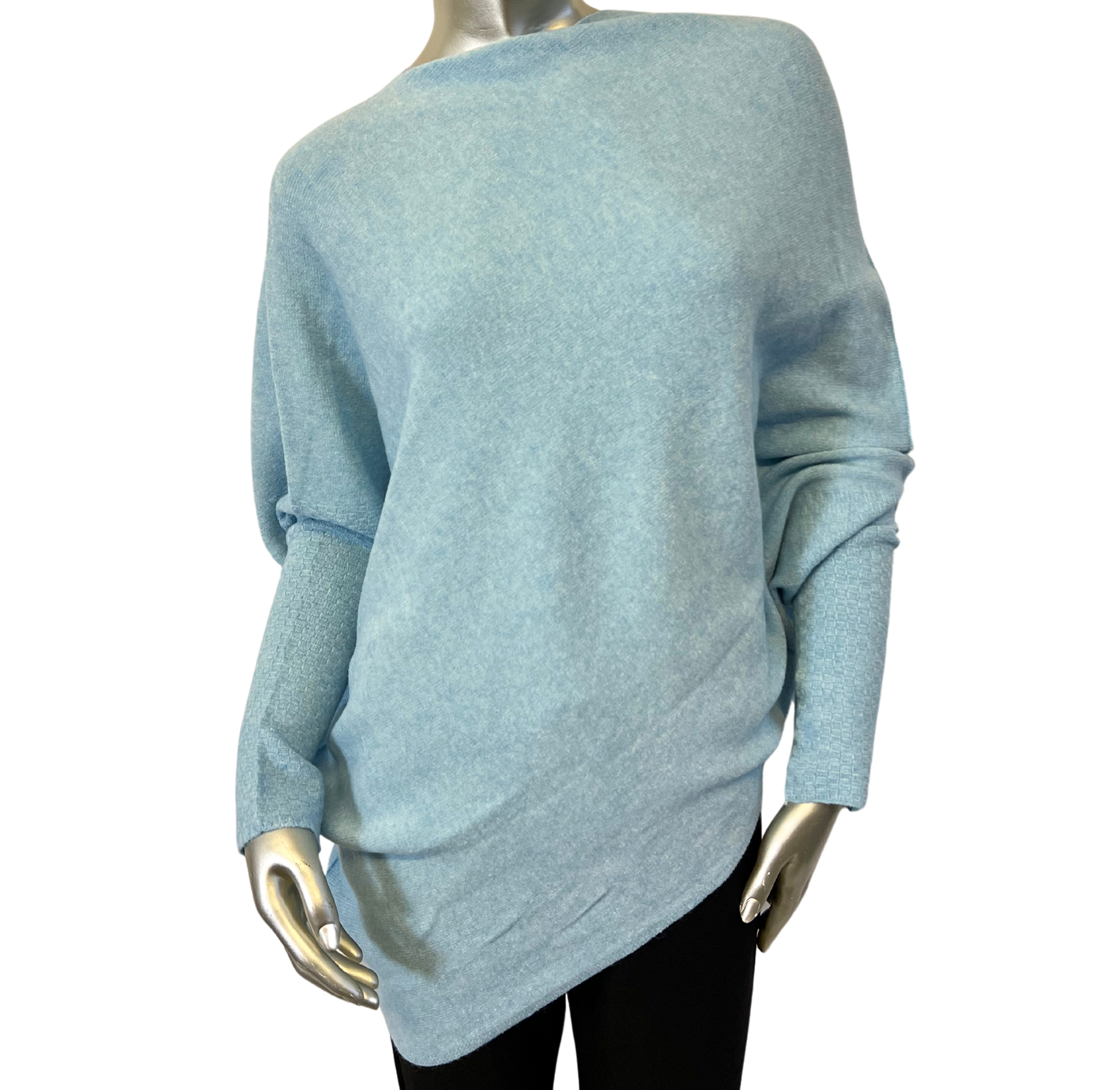 Asymmetric Draped Slouch Neck Soft Jumper with Long Fitted Sleeves in Light Blue