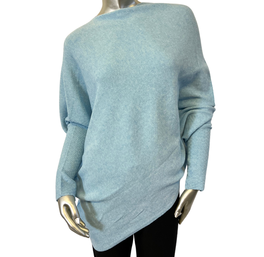 Asymmetric Draped Slouch Neck Soft Jumper with Long Fitted Sleeves in Light Blue