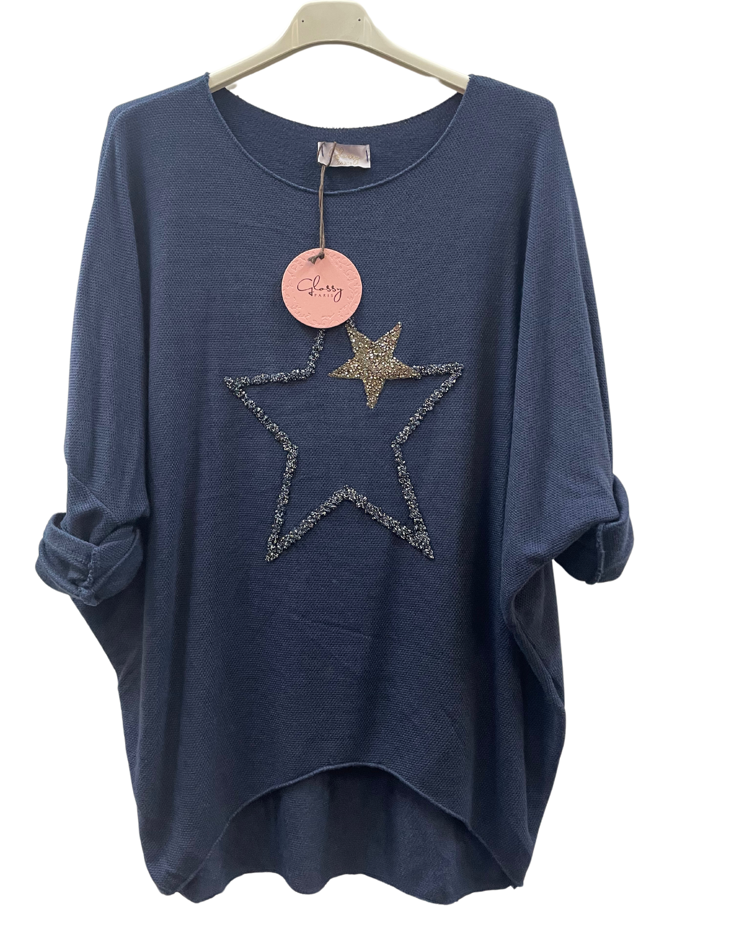 Soft Knit Curved Hem Sparkle Star Design Jumper Top in Navy