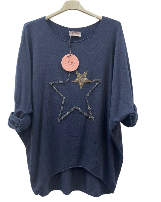 Soft Knit Curved Hem Sparkle Star Design Jumper Top in Navy