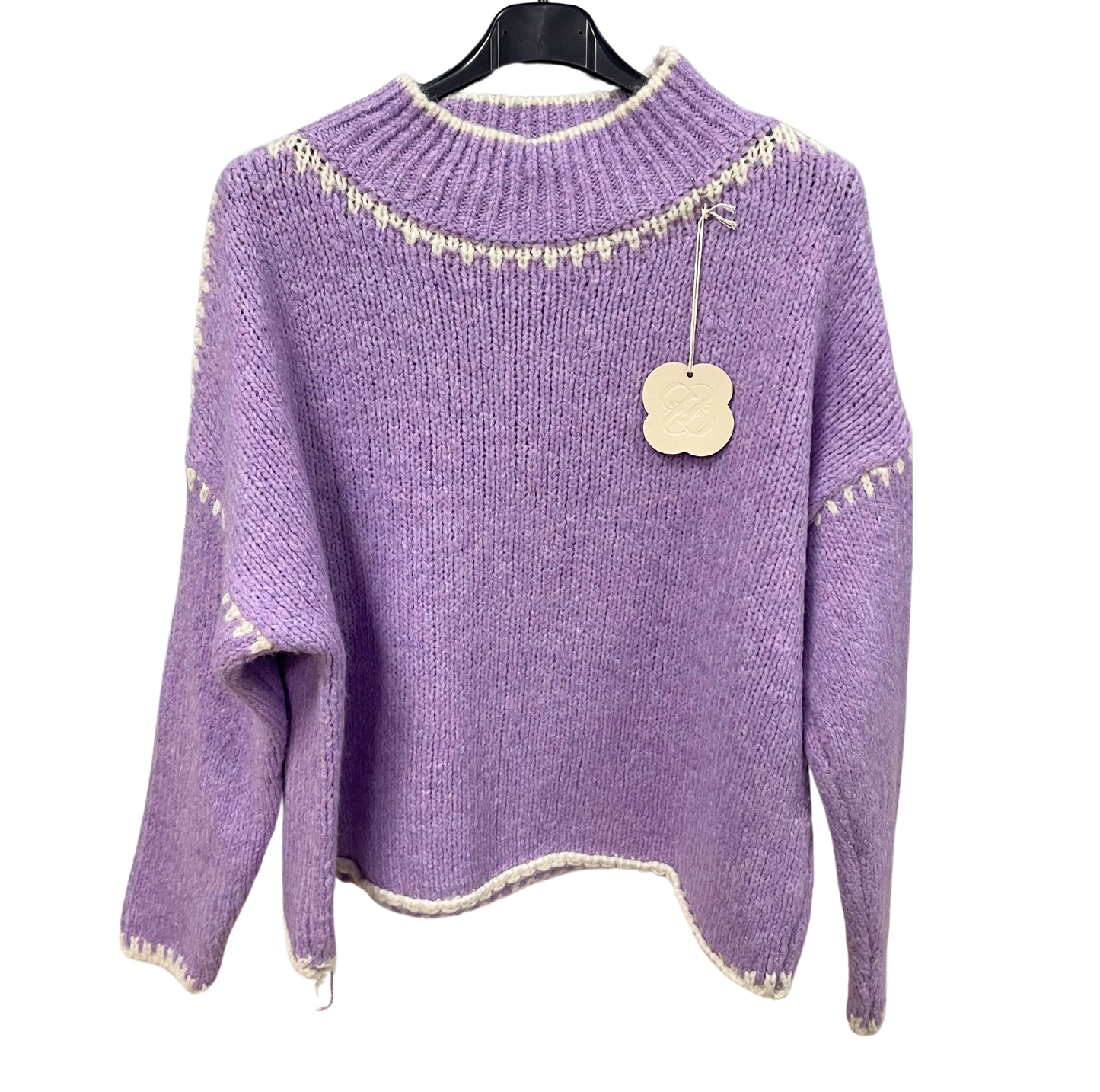 Soft Knitted Italian High Neck Jumper with Blanket Stitch Edging in Lilac