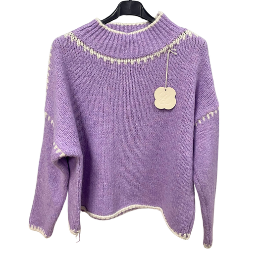 Soft Knitted Italian High Neck Jumper with Blanket Stitch Edging in Lilac