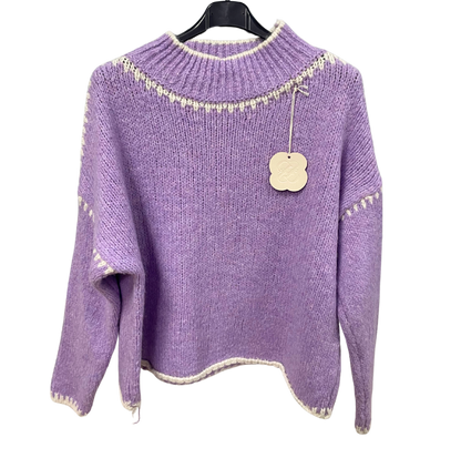 Soft Knitted Italian High Neck Jumper with Blanket Stitch Edging