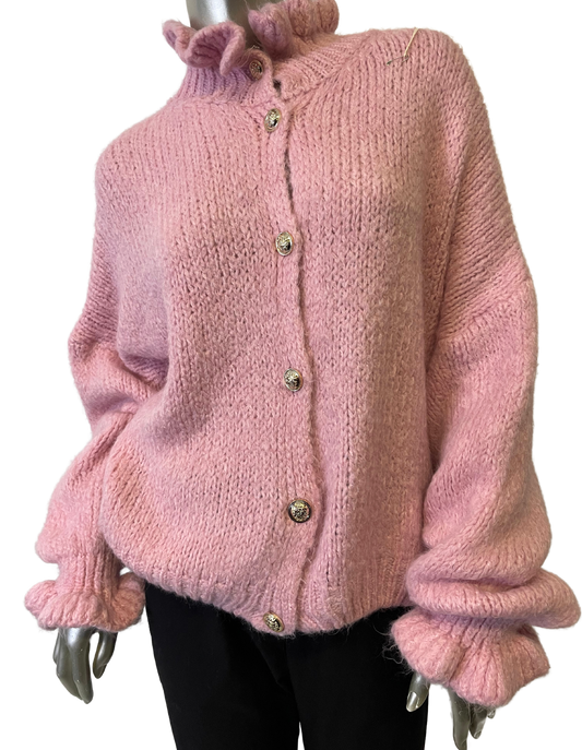 Chunky Knit Italian Ruffled High Neck Long Sleeve Button Cardigan in Pink