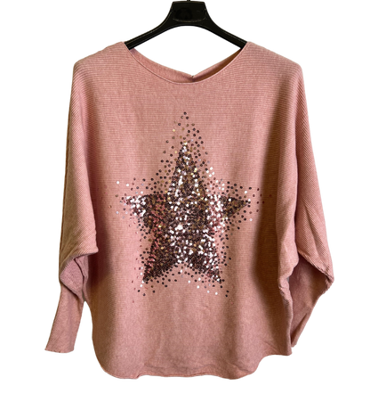 Sequin Star Batwing Sleeve Fine Knit Jumper in Pink