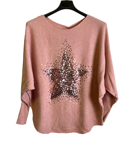 Sequin Star Batwing Sleeve Fine Knit Jumper in Pink