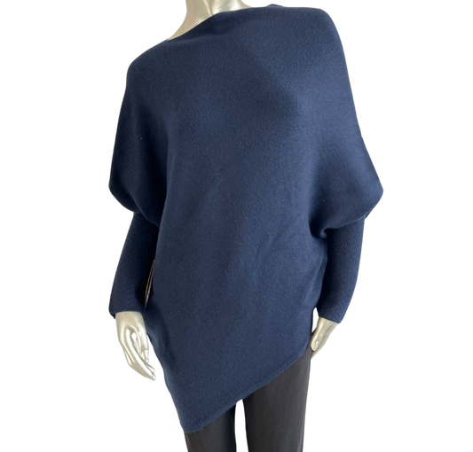 Asymmetric Draped Slouch Neck Soft Jumper with Long Fitted Sleeves in Navy