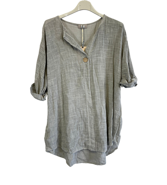 Oversized Cotton & Linen Blend One Button Top in Silver Grey