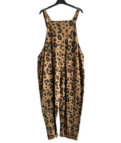 2 Pocket Animal Leopard Print Summer Dungarees In Camel