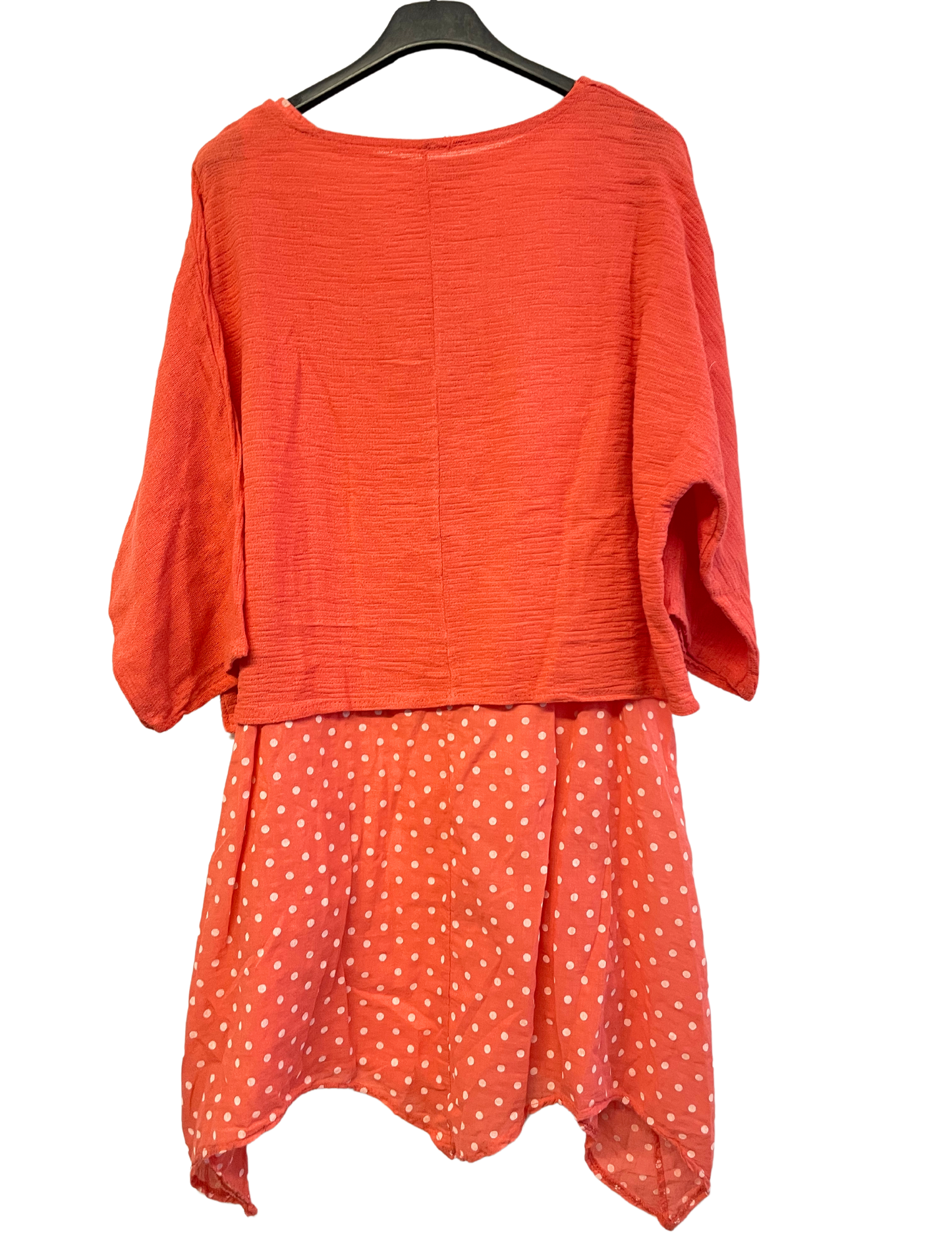 2 Piece Spot Dress Asymmetric Hem with Plain Crop Top in Coral