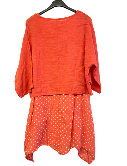 2 Piece Spot Dress Asymmetric Hem with Plain Crop Top in Coral