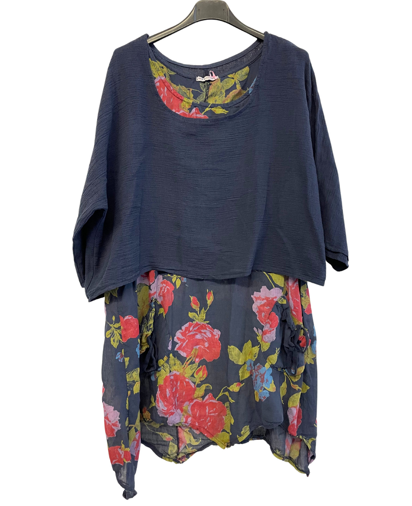 2 Piece Floral Dress Asymmetric Hem with Plain Top in Navy