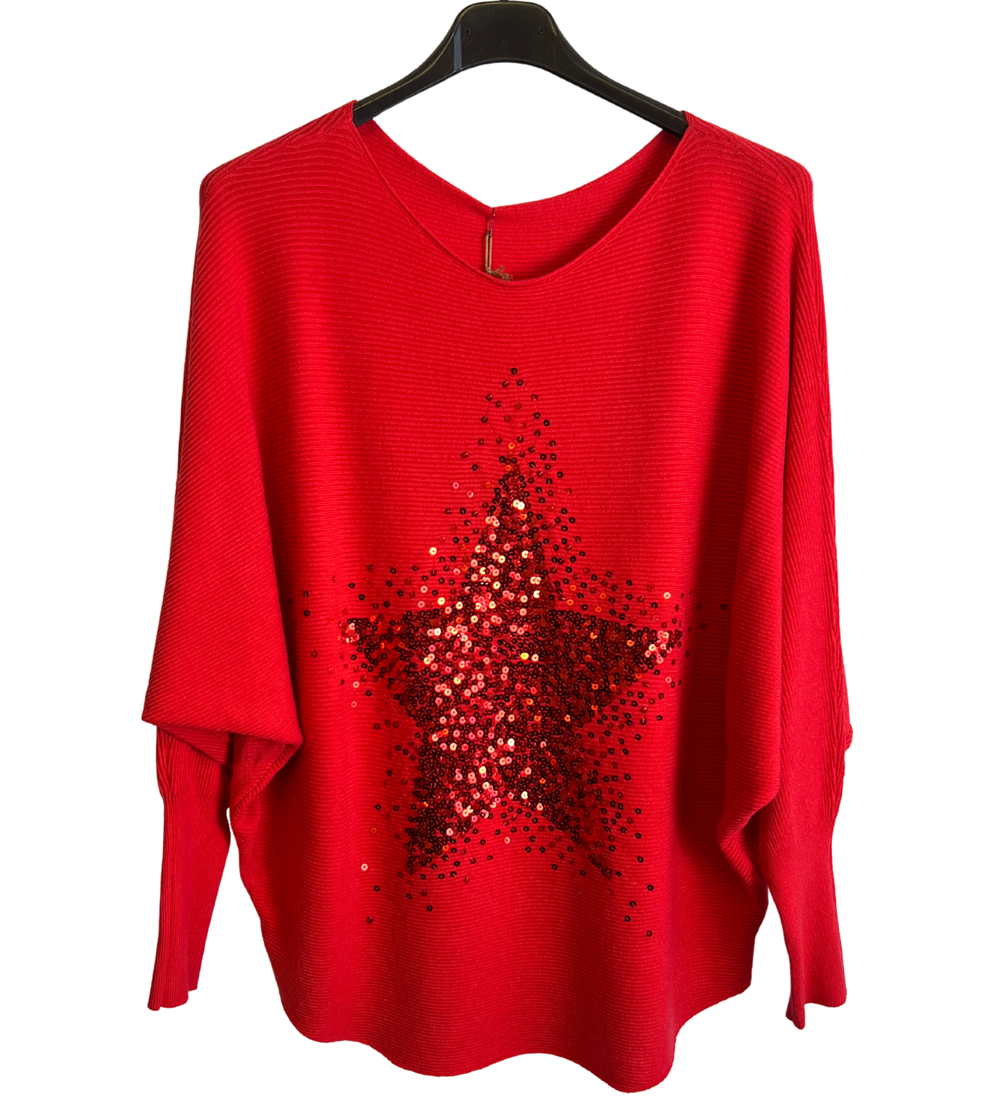 Sequin Star Batwing Sleeve Fine Knit Jumper in Red