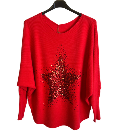 Sequin Star Batwing Sleeve Fine Knit Jumper in Red