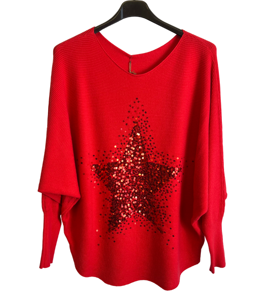 Sequin Star Batwing Sleeve Fine Knit Jumper in Red