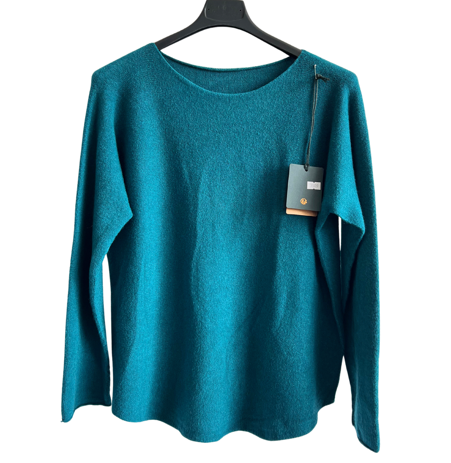 Soft Round Neck Jumper with Curved Hem In Teal