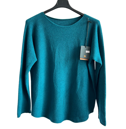 Soft Round Neck Jumper with Curved Hem In Teal