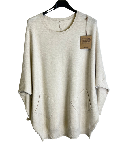 Lagenlook Italian Plait Back Design 2 Pocket Jumper in Off-White Cream